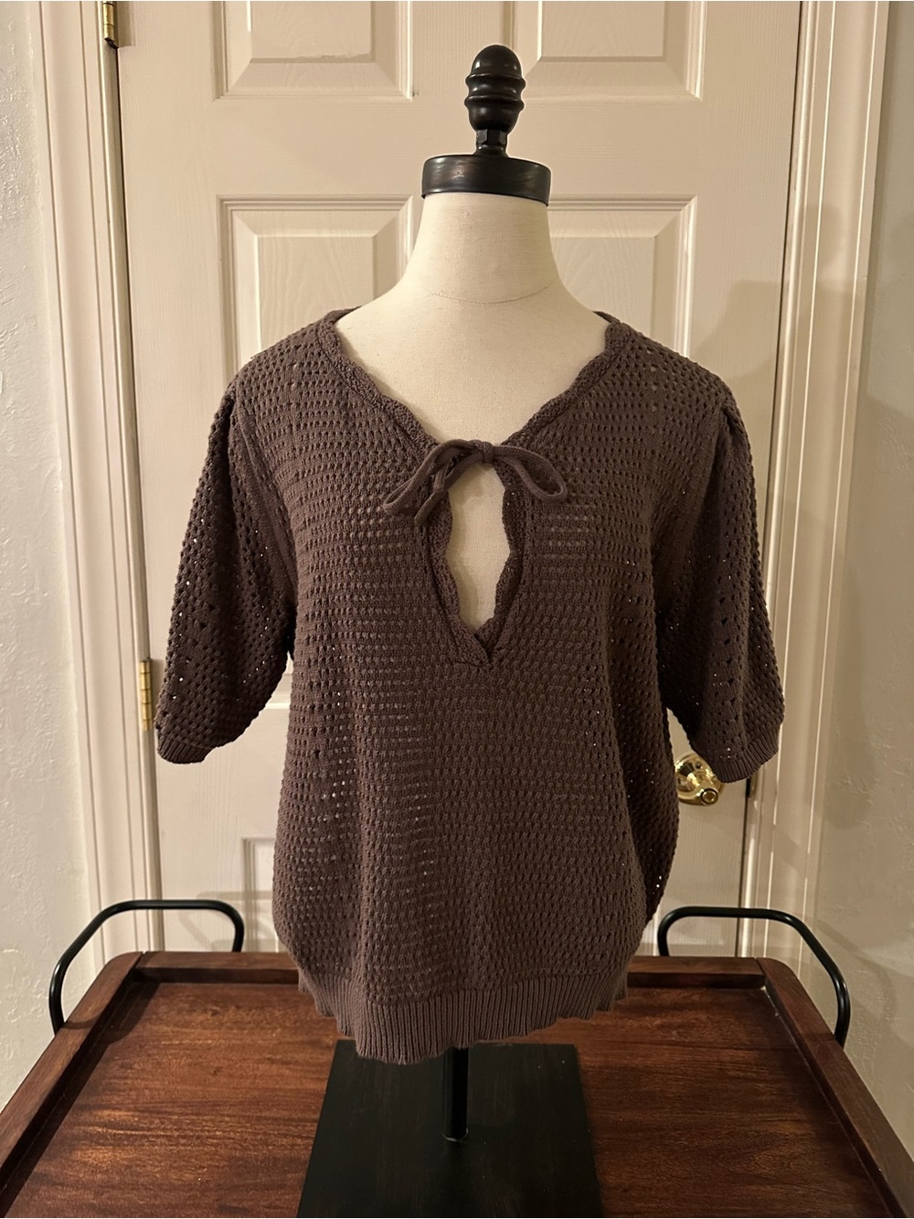 Cottagecore Universal Thread Brown Tie-Front V-Neck Open Knit Sweater